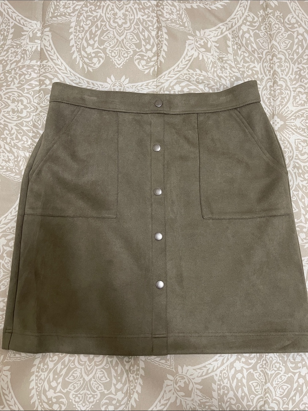 Versona Olive Green Suede-Look Button Front Mini Skirt